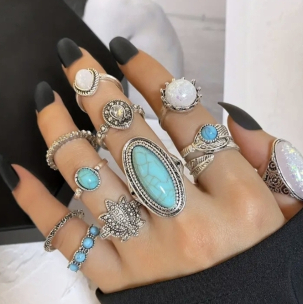 Bohemian Ring Set Rodeo Style Jewelry Blue White Silvery Statement Boho Rings